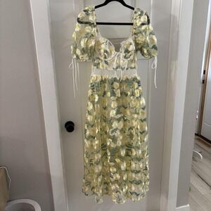 NWT For Love & Lemons Carson midi Dress XS Embroidered Floral Puff Sleeve